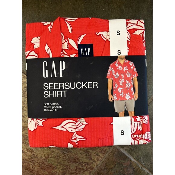 Gap Men Short Sleeve Seersucker Shirt S Cayenne Flower Fill New Red Relaxed - Picture 9 of 12